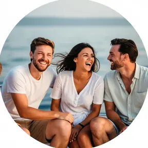 Circular portrait photo of a small group of friends on a boat, relaxed and cheerful, soft daylight, sea background bokeh, realistic, high detail, no text, no logo
