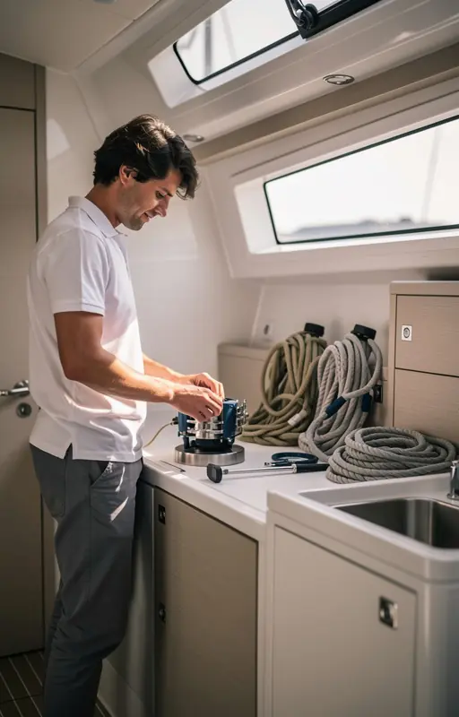 Realistic lifestyle photo of a person preparing equipment inside a modern boat cabin, soft natural light from window, calm and organized maritime atmosphere, neutral tones, high detail, no text, no logo
