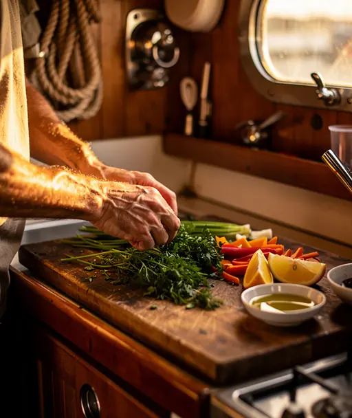 Warm realistic photo of hands preparing fresh ingredients inside a boat kitchen area before departure, golden sunlight from window, wooden textures, intimate and authentic atmosphere, high detail, no text, no logo
