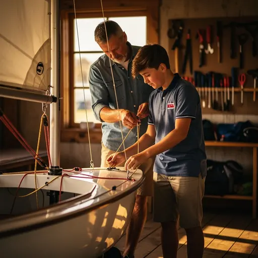 Warm lifestyle photo of an adult teaching a teenager how to prepare a small boat before departure, soft golden indoor light, intimate and authentic maritime atmosphere, realistic photography, no text, no logo
