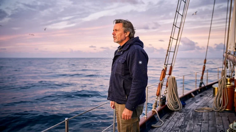 Sailor at dawn on a sailboat doubting morning sky reading after fifteen years navigating