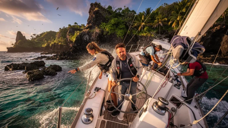 Voilier naviguant près des hauts-fonds dangereux au large de la côte de Basse-Terre, Guadeloupe