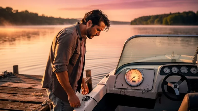 Homme frustré devant jauge de carburant vide, traversée écourtée de 4 heures sur rivière calme au coucher du soleil
