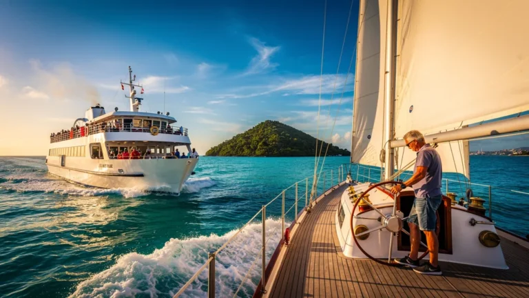 Comparaison photo réaliste traversée ferry et voilier Pointe-à-Pitre vers Marie-Galante