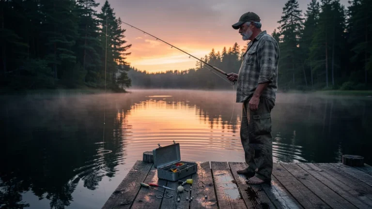 Pêcheur au bord du lac au coucher de soleil, acceptant de rentrer sans poisson, scène paisible et réaliste