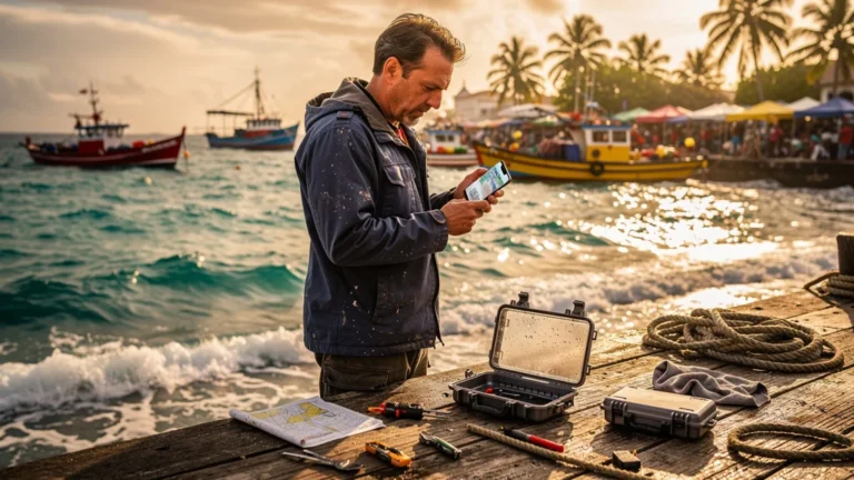 Homme en bord de mer à Pointe-à-Pitre regrettant son téléphone mouillé sans caisson étanche, ambiance maritime réaliste