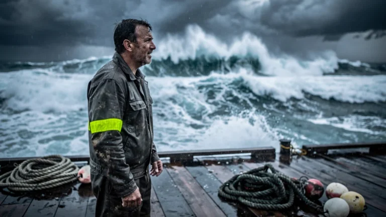 Sailor regretful near stormy sea with worn fluorescent armband, symbolizing 35 euros and relief face turbulent waves