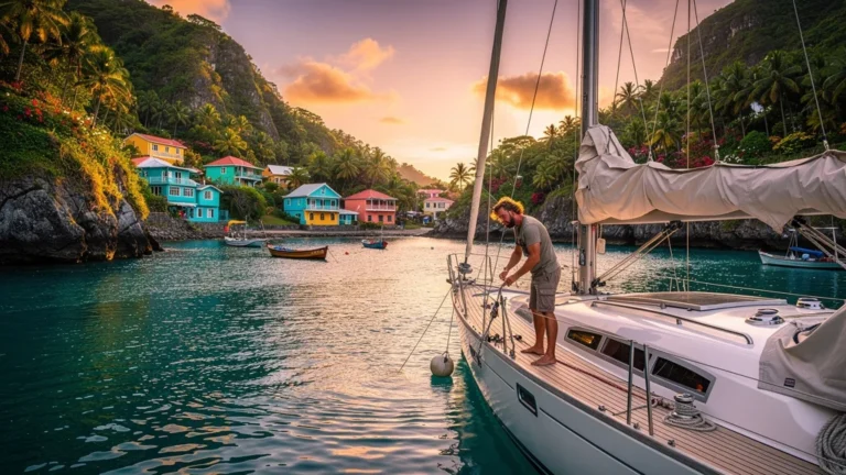 Sailboat moored in a serene Guadeloupe bay, showcasing the beauty of prepared anchoring in the Caribbean