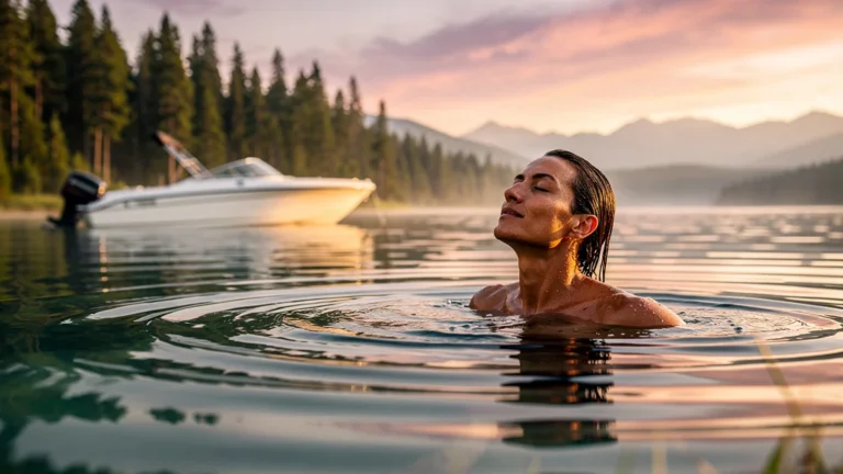 Silence après avoir coupé le moteur en pleine baignade sur un lac paisible au coucher du soleil