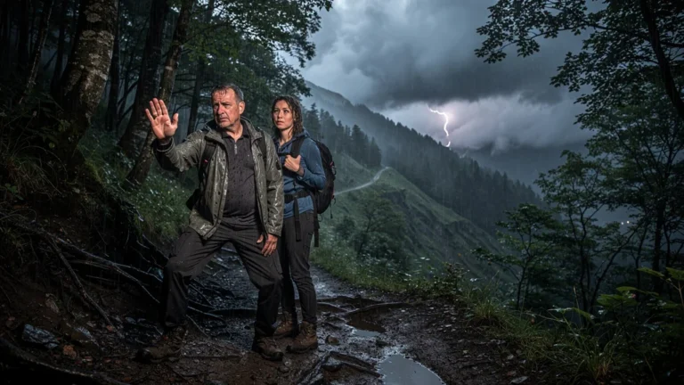 Photo réaliste d'un couple arrêtant leur randonnée le soir avant un orage violent