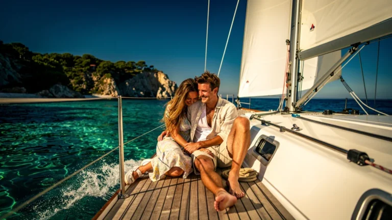 Couple heureux sur un voilier de location à la journée, ambiance intime et romantique en mer
