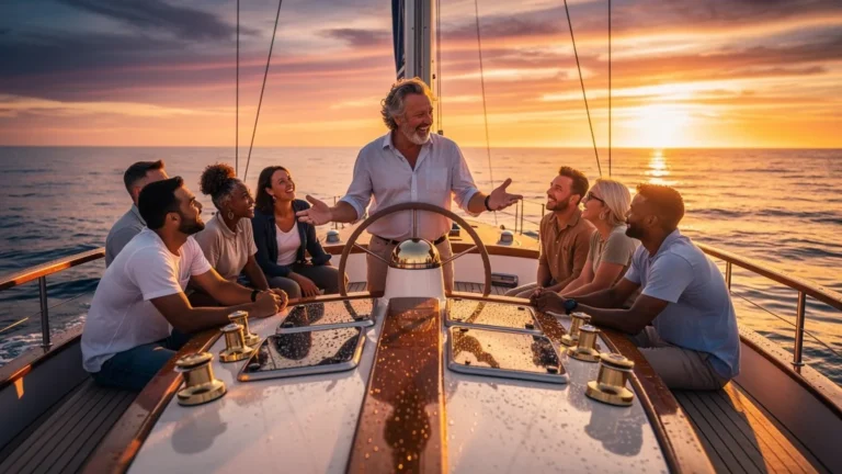 Balade en bateau au coucher du soleil avec un capitaine bavard sur une mer dorée et calme
