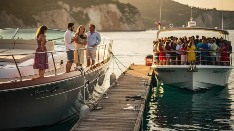 Comparaison entre excursions privées et bateau de 50 passagers, montrant la valeur du surcoût