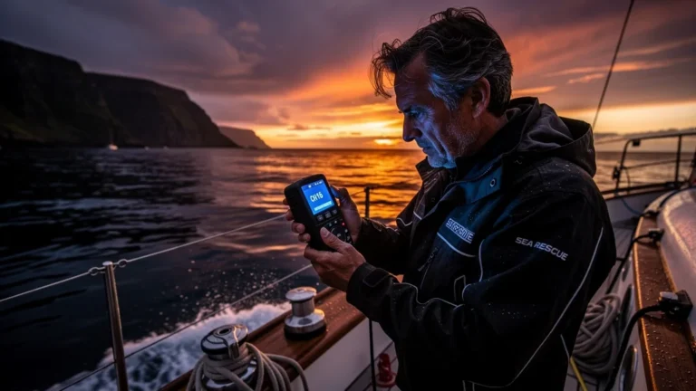 Bateau à 1,5 mille des côtes avec un marin utilisant une radio VHF, sauvetage en mer essentiel