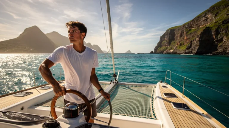 Première sortie en catamaran entre Les Saintes et la Grande Vigie avec la barre vibrant sous les mains