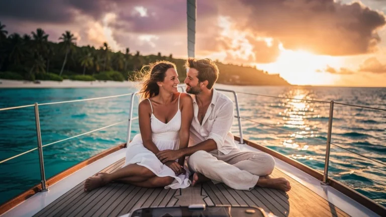 Couple romantique en bateau vers Marie-Galante, moment contemplatif loin du ferry, paysage tropical au coucher du soleil