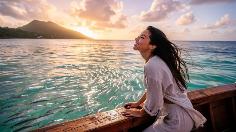 Banc de poissons scintillant vu depuis un bateau à Marie-Galante au lever du soleil, mer turquoise et île verdoyante