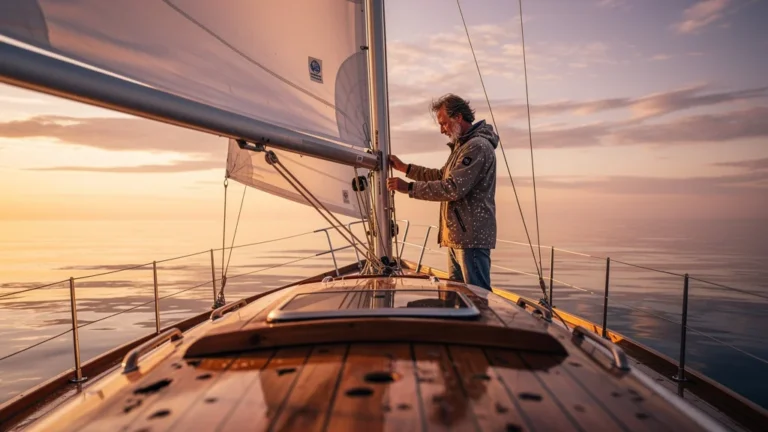 Sailor slowly navigating a sailboat at sunset, illustrating slow travel over rushing to many spots