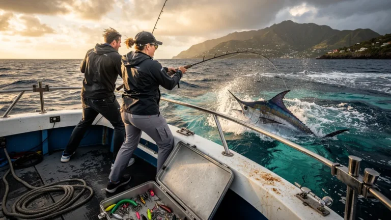 Pêche au gros au large de Bouillante avec un marlin luttant contre des courants forts et un vent changeant