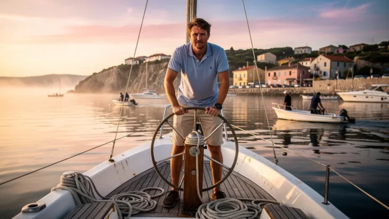 Homme hésitant sur un bateau loué sans skipper à 200€ par jour au lever du soleil en bord de mer