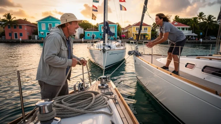 Bateaux mouillés trop près au Gosier causant tension et conflit dans un port animé au coucher du soleil