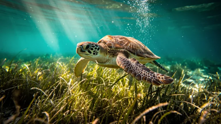 Baignade au-dessus des herbiers de Sainte-Anne avec une tortue marine en eau claire
