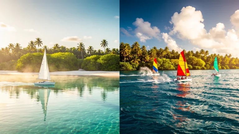 Comparaison réaliste de la navigation au lagon de Sainte-Anne le matin et l’après-midi en lumière naturelle