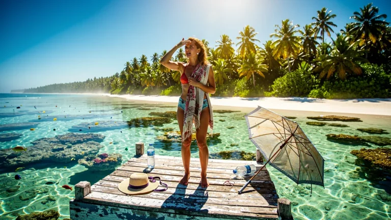 Femme regrettant l'absence de taud d'ombre sous le soleil intense d'un lagon tropical