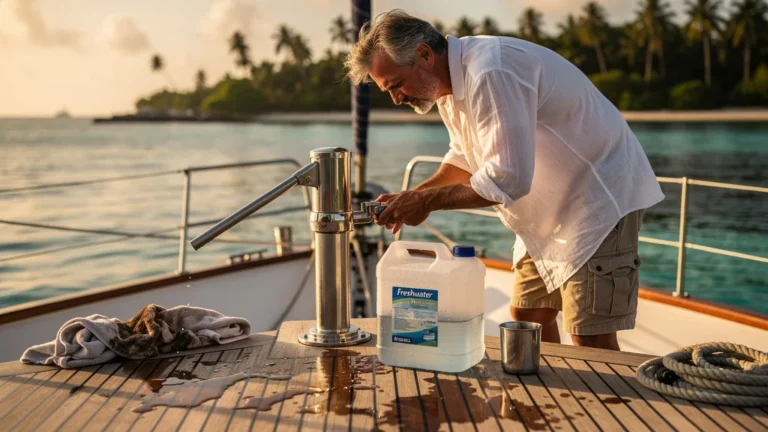 Sailboat deck with water pump and sailor worried about freshwater supply au mouillage