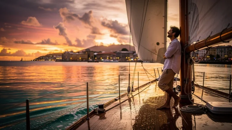 Coucher de soleil sur Port-Louis avec voilier au moteur coupé, ambiance calme et lumière dorée