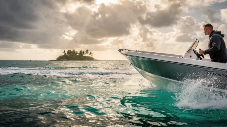 Mesure du temps de trajet Gosier-Îlet Caret à deux régimes moteur avec vent fort visible sur l'eau turquoise