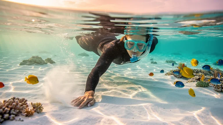 Snorkeling matin sur fonds blancs avec eau claire, lumière naturelle et ambiance paisible