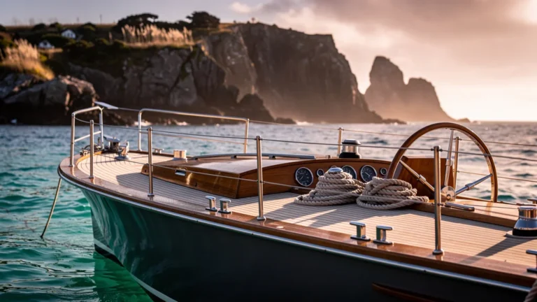 Bateau moderne ancré près de la côte rocheuse de l'île d'Yeu au coucher du soleil, eaux turquoise et ambiance maritime