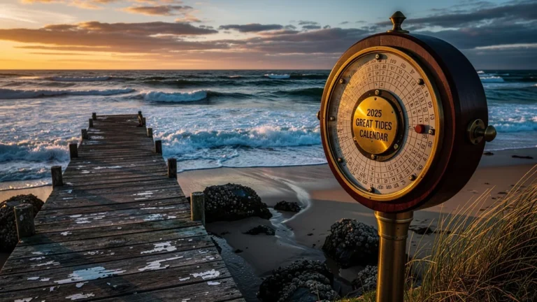 Calendrier des grandes marées 2025 sur un rivage maritime au coucher de soleil avec table des marées détaillée