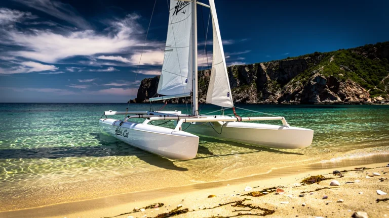 Catamaran Hobie Cat élégant sur eau turquoise, lumière naturelle, détails ultra-réalistes