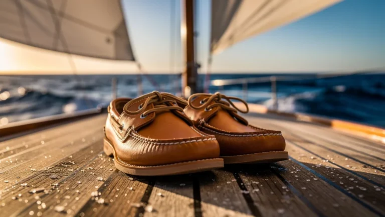 Chaussures bateau en cuir usées après 30 heures d'utilisation sur un pont de voilier sous lumière dorée
