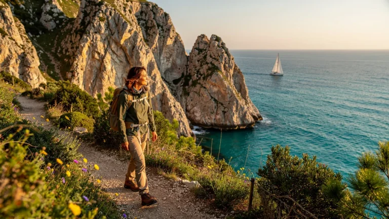 Femme randonneuse de 44 ans sur sentier côtier, mer turquoise et falaises, ambiance croisirando en plein jour