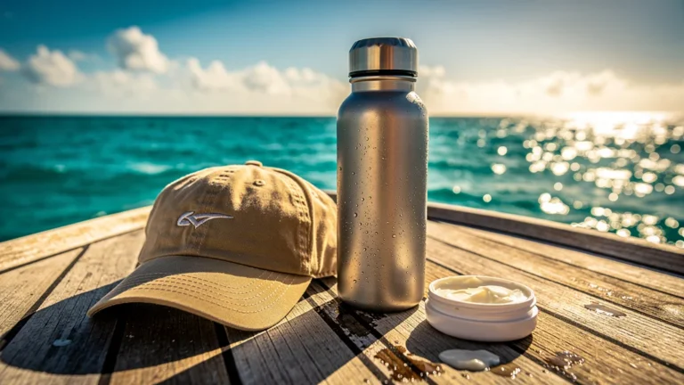 Kit anti-soleil complet avec gourde, casquette et crème sur un bateau en mer par temps ensoleillé