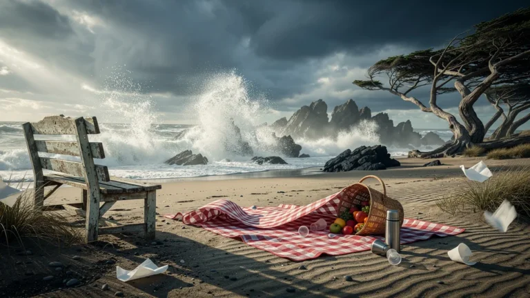 Plage venteuse interrompant une sortie familiale, ambiance maritime dramatique et réaliste en après-midi