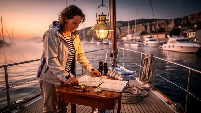 Femme préparant méticuleusement une sortie en mer la veille dans un port au coucher du soleil
