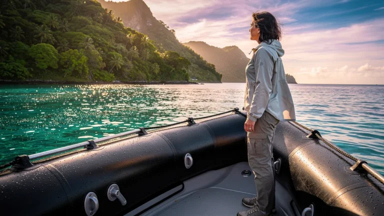 Première sortie en Zodiac en Guadeloupe, femme émerveillée sur l’eau turquoise au lever du soleil