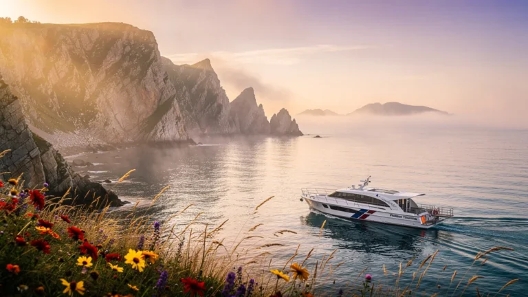Paysage maritime au lever du jour, bateau d’excursion Philibert Tourisme sur mer calme, ambiance sereine et lumineuse