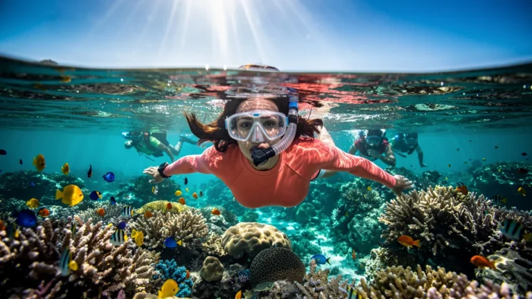 Snorkeler féminine en milieu de journée dans une eau turquoise malgré la foule environnante