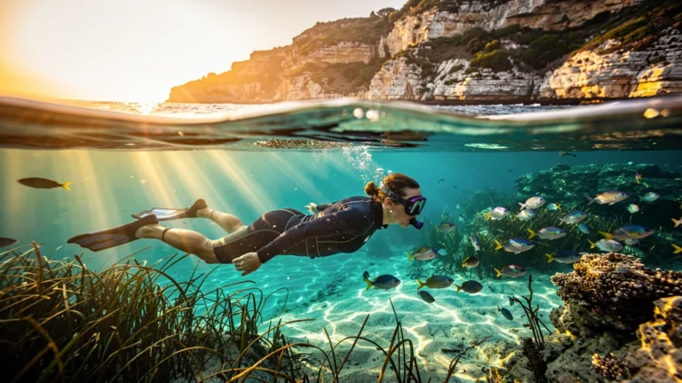 Snorkeling presqu'île Giens dans eau claire avec faune marine colorée et paysage côtier naturel