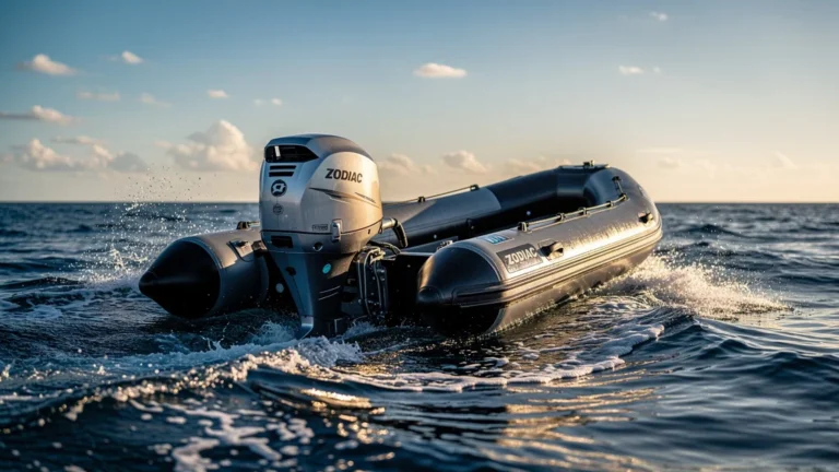 Zodiac bateau en mer montrant performances et limites après 100 km de test, photo réaliste détaillée